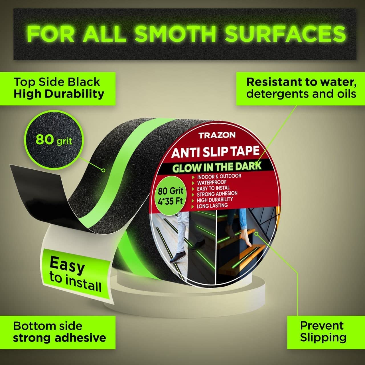 SafeStep® Anti Slip Glow Tape for Stairs Outdoor/Indoor Waterproof (2 Inch x 35 Feet)