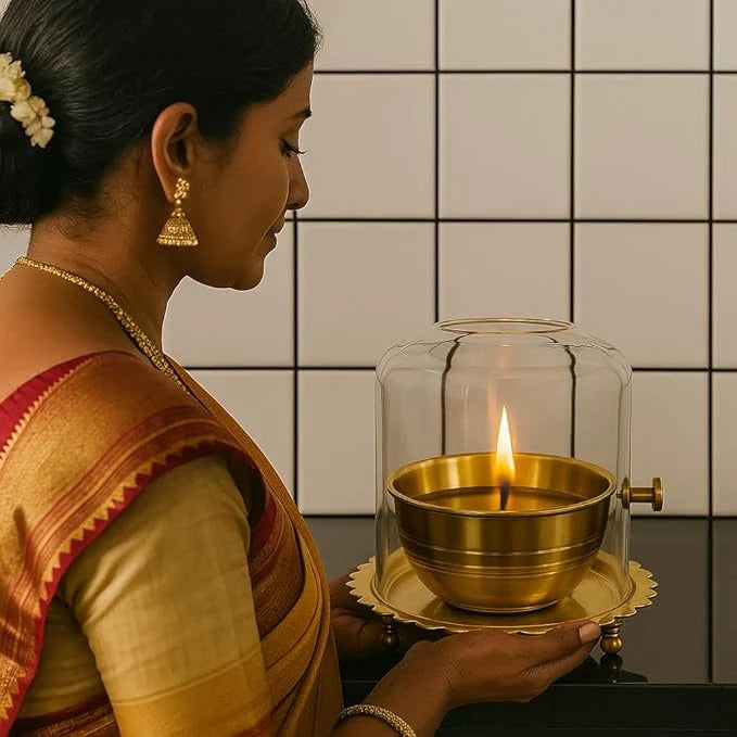 ShreeVarta® – Premium Golden Brass Akhand Diya with Rotating Wick
